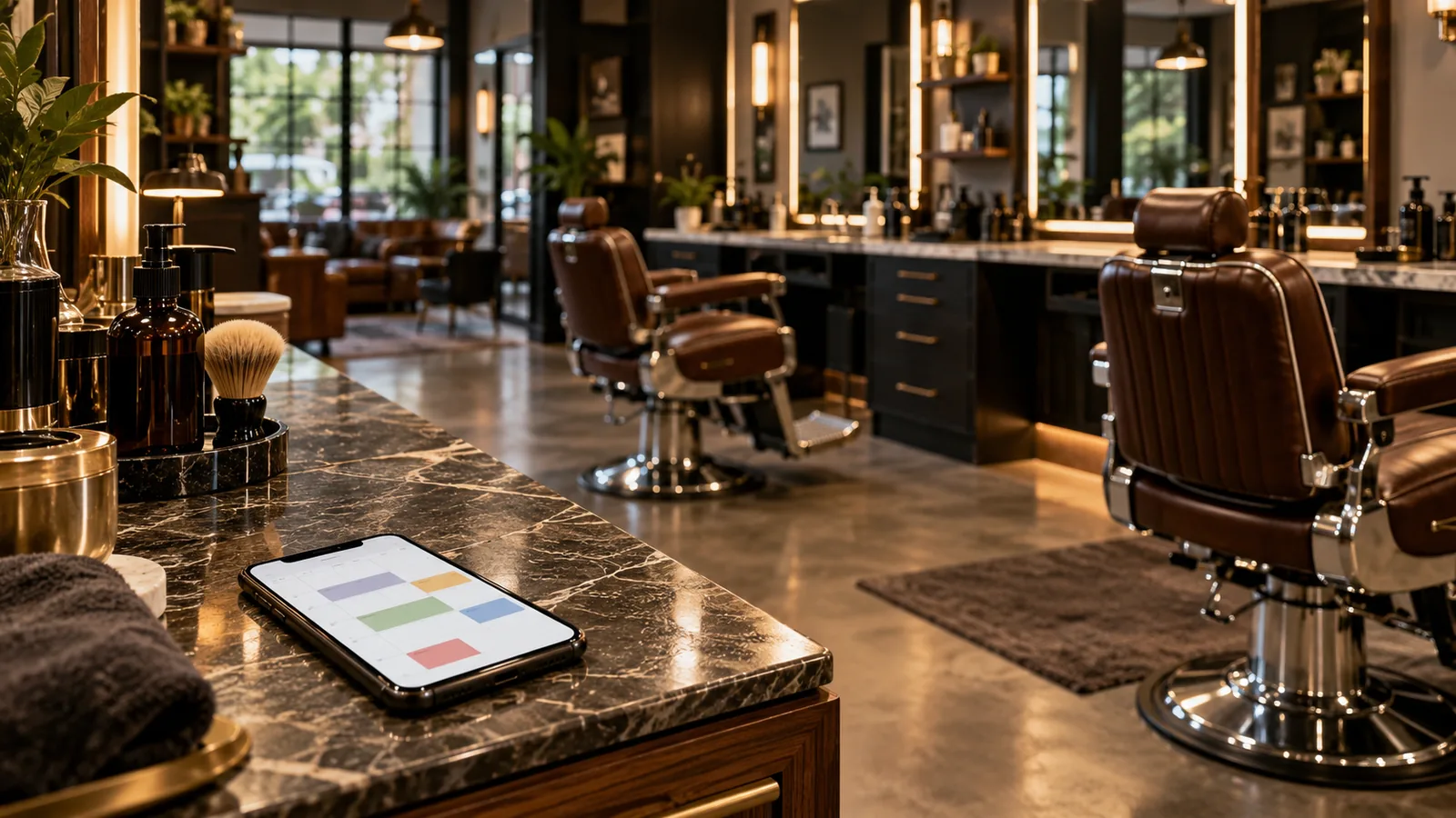 Interior de barber shop modern cu scaune din piele, oglinzi și un telefon cu calendar de programări